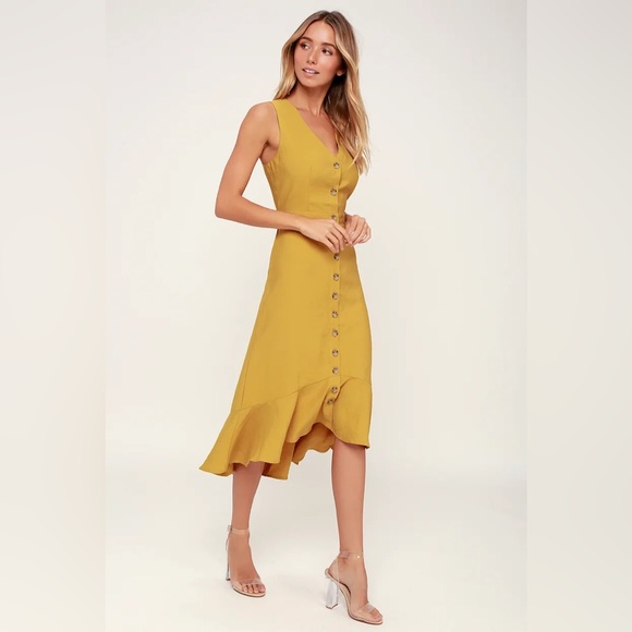 Lulus Dresses & Skirts - Lulus “When We First Met” Mustard Yellow Button Front Midi Dress 💛 Size XS